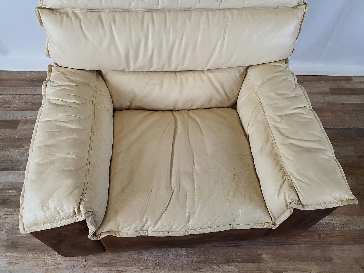 Leather and suede armchair with footstool, 1970s 8