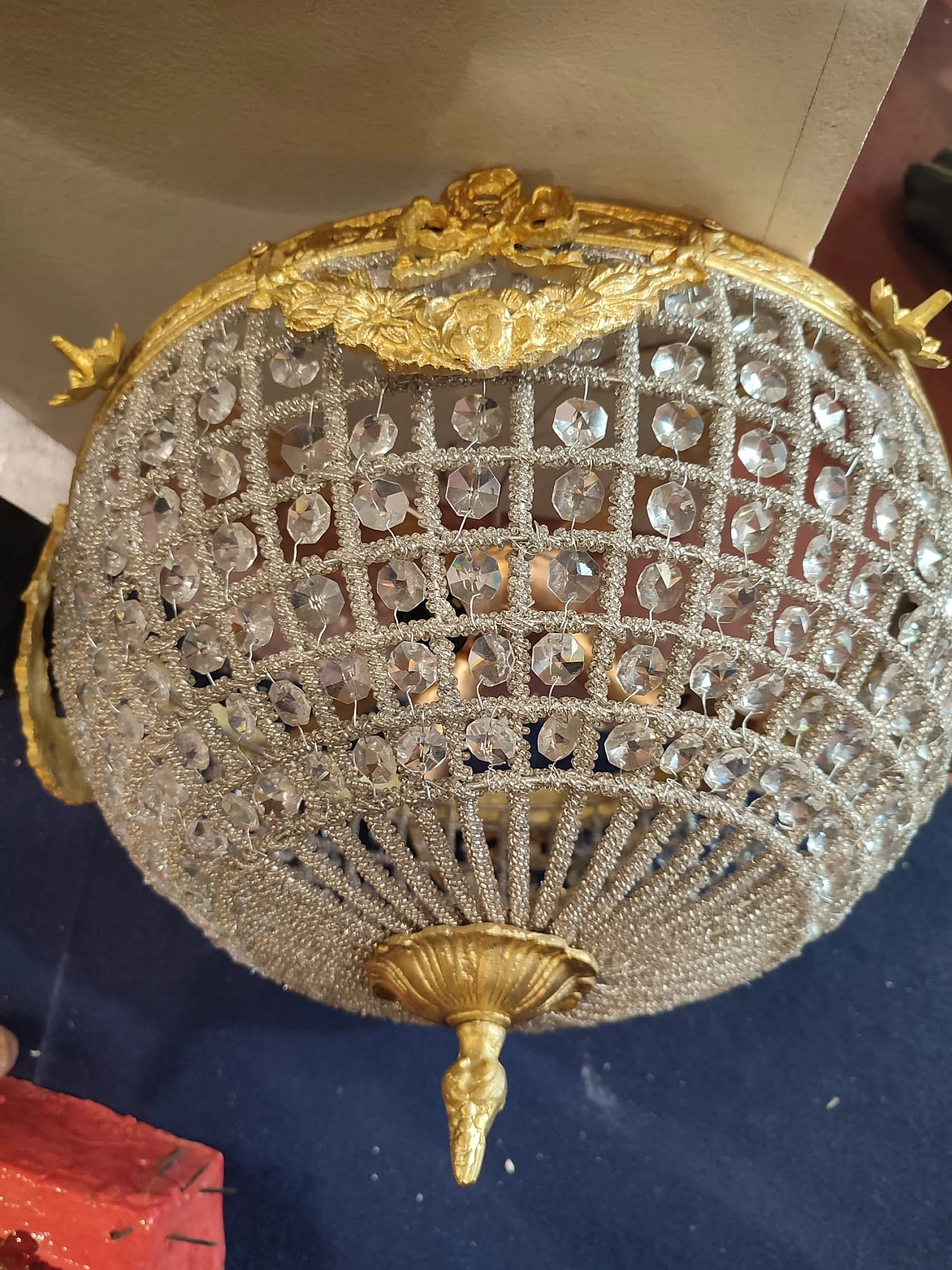 Plafoniera in bronzo con prismi di vetro in stile Impero, anni '70 3