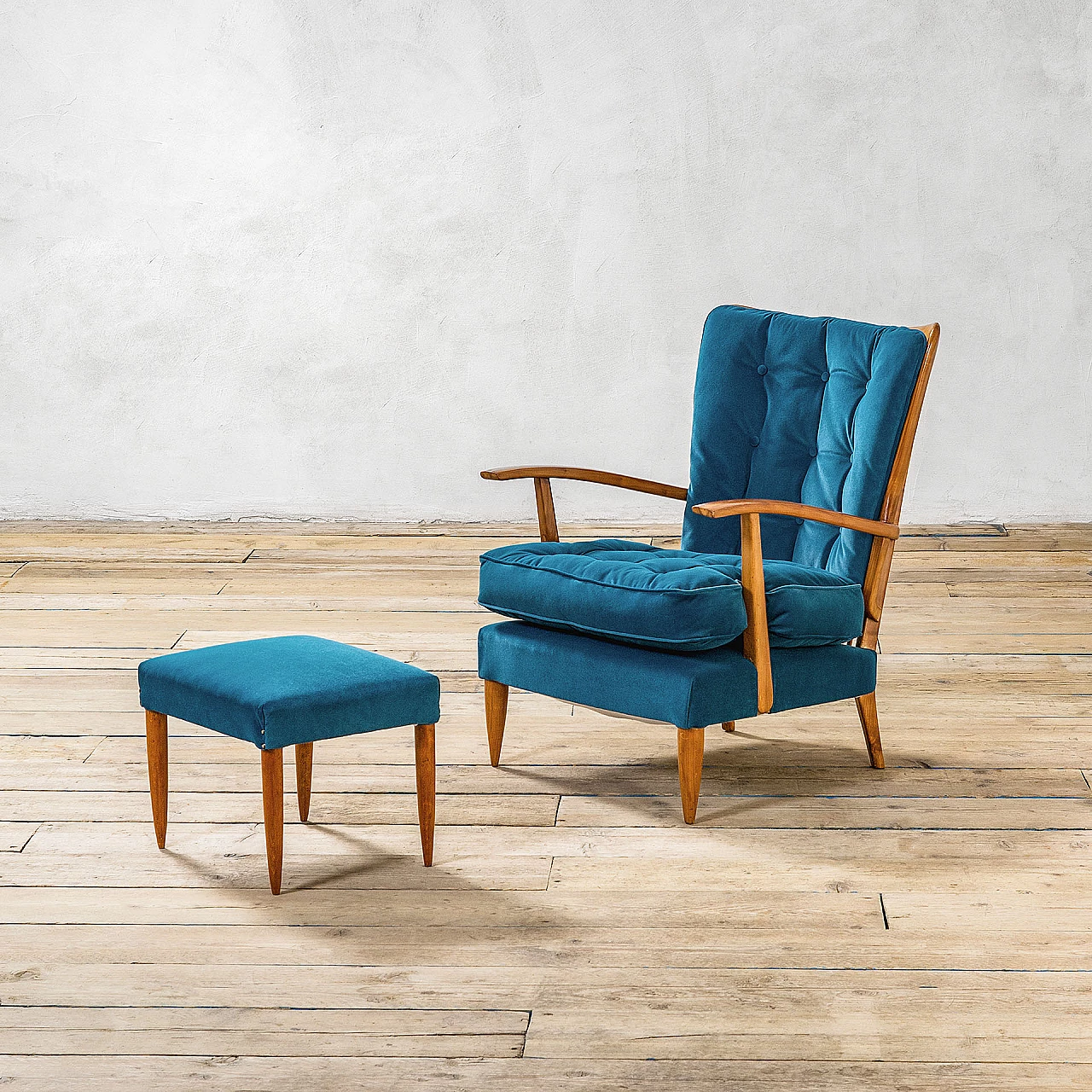 Wooden armchair with ottoman by Paolo Buffa for Marelli, 1950s 1