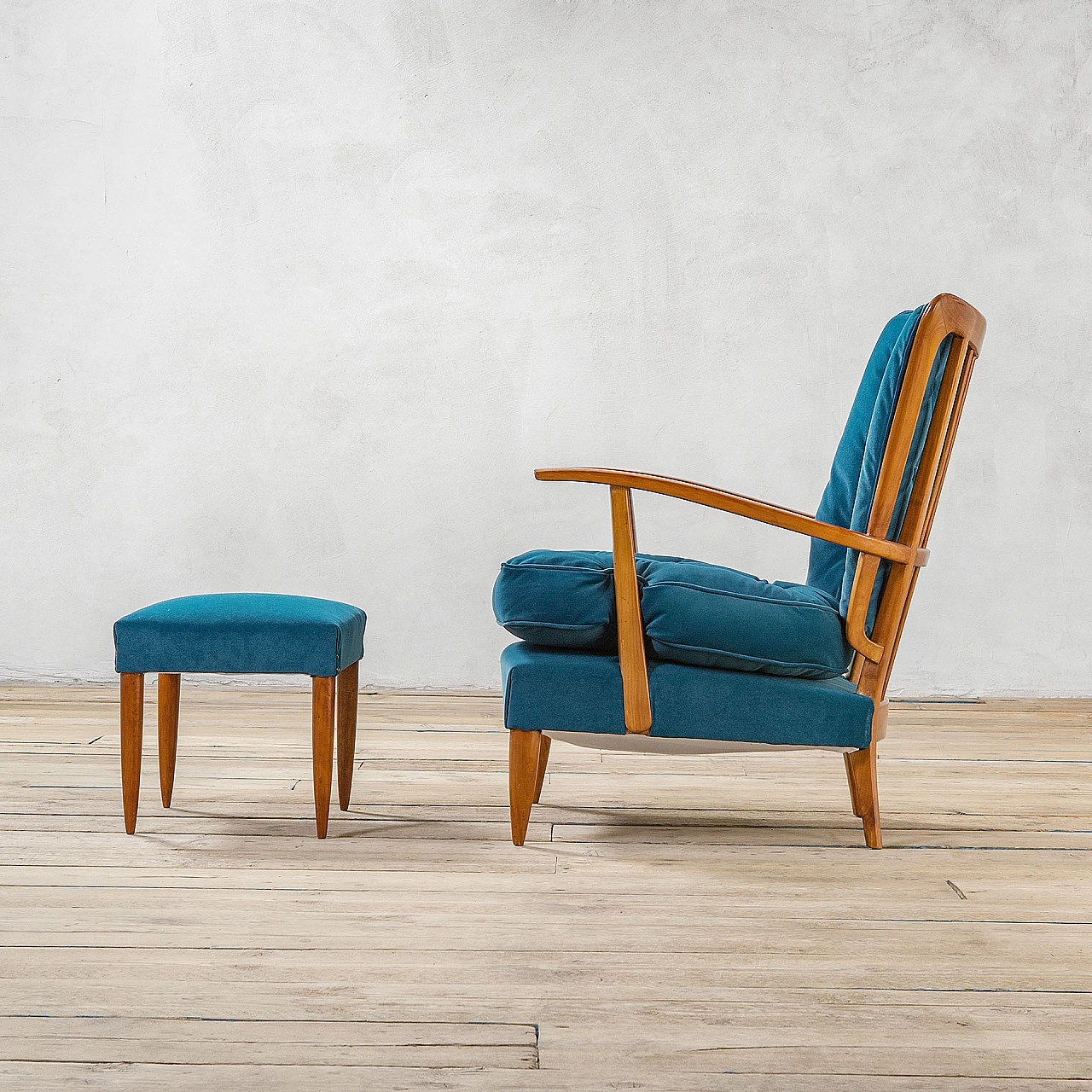 Wooden armchair with ottoman by Paolo Buffa for Marelli, 1950s 2