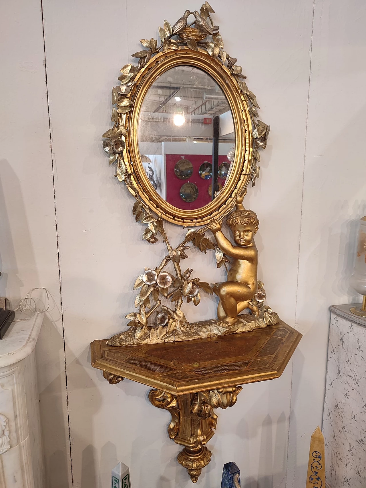 Wooden wall console table with gold leaf mirror, 1881 1