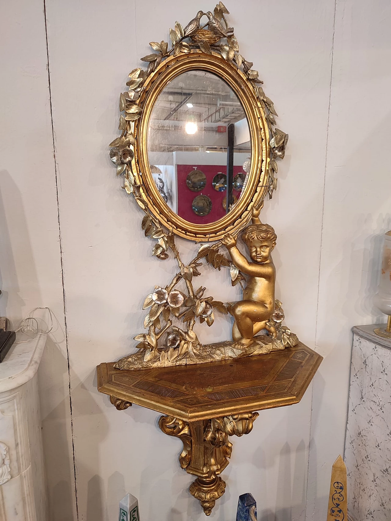 Consolle da parete in legno con specchiera in foglia d'oro, 1881 1