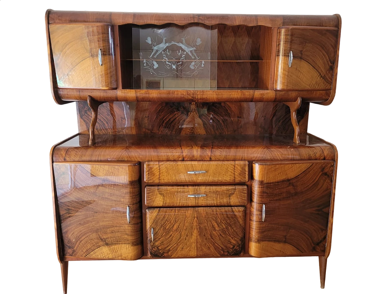 Two-body sideboard in curved wood with display case, 1940s 5