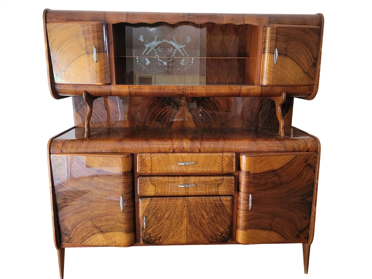 Credenza a due corpi in legno curvato con vetrina, anni '40 5