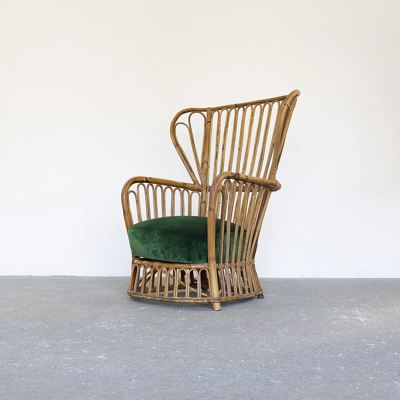 Bamboo armchair with green velvet seat, 1960s 1