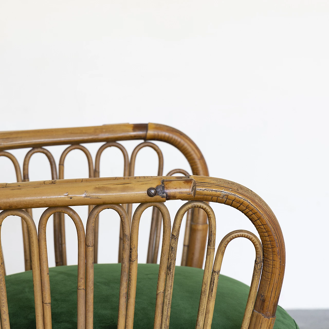Bamboo armchair with green velvet seat, 1960s 2