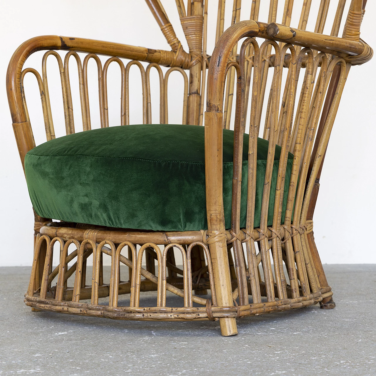 Bamboo armchair with green velvet seat, 1960s 3