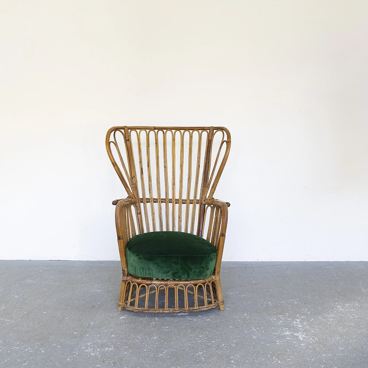 Bamboo armchair with green velvet seat, 1960s 5