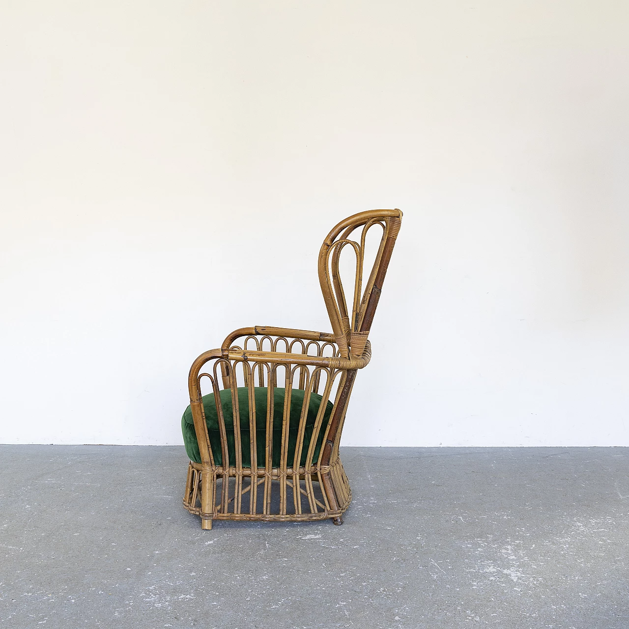 Bamboo armchair with green velvet seat, 1960s 6