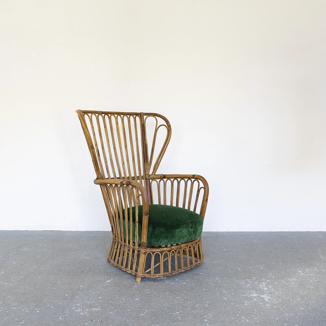 Bamboo armchair with green velvet seat, 1960s 9
