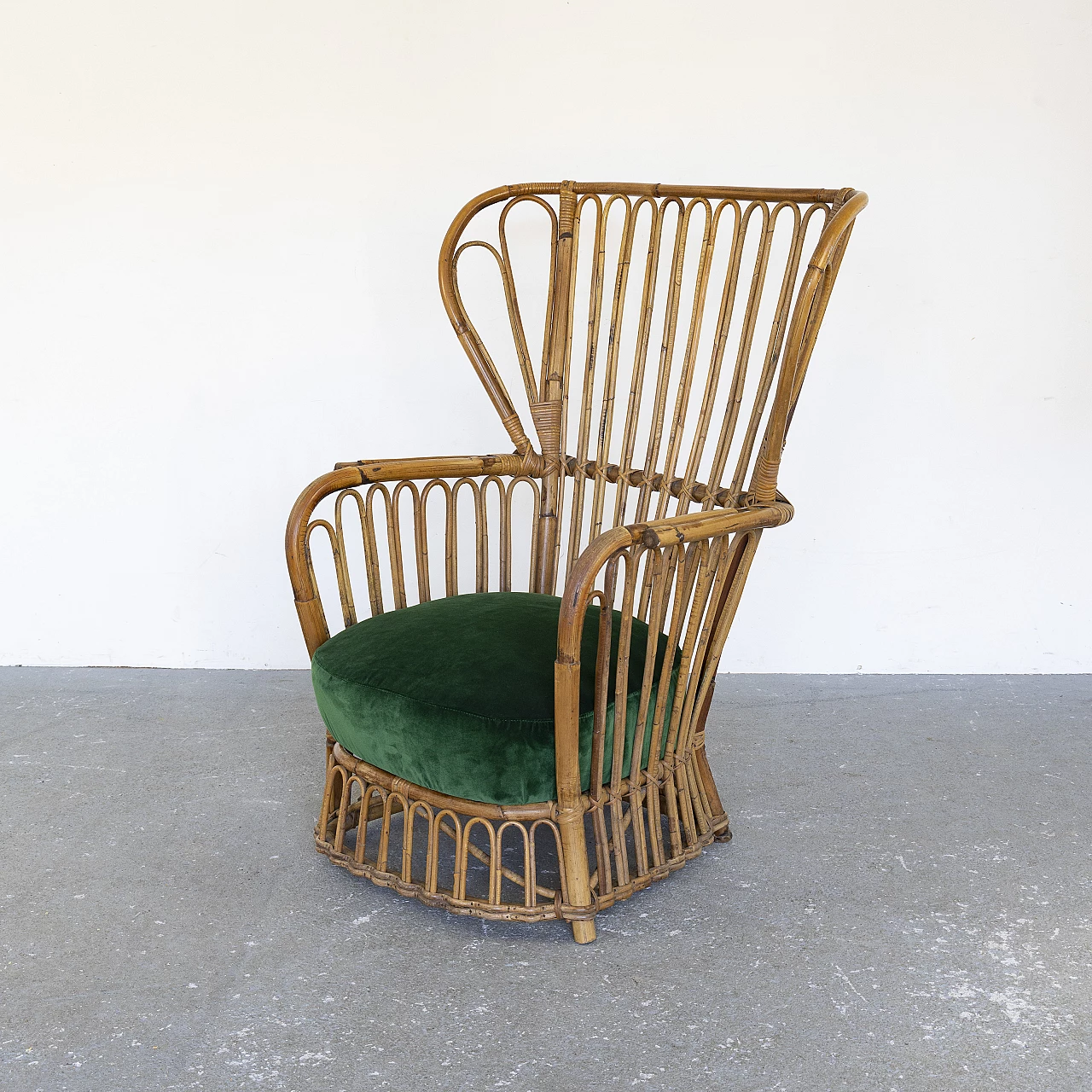 Bamboo armchair with green velvet seat, 1960s 10