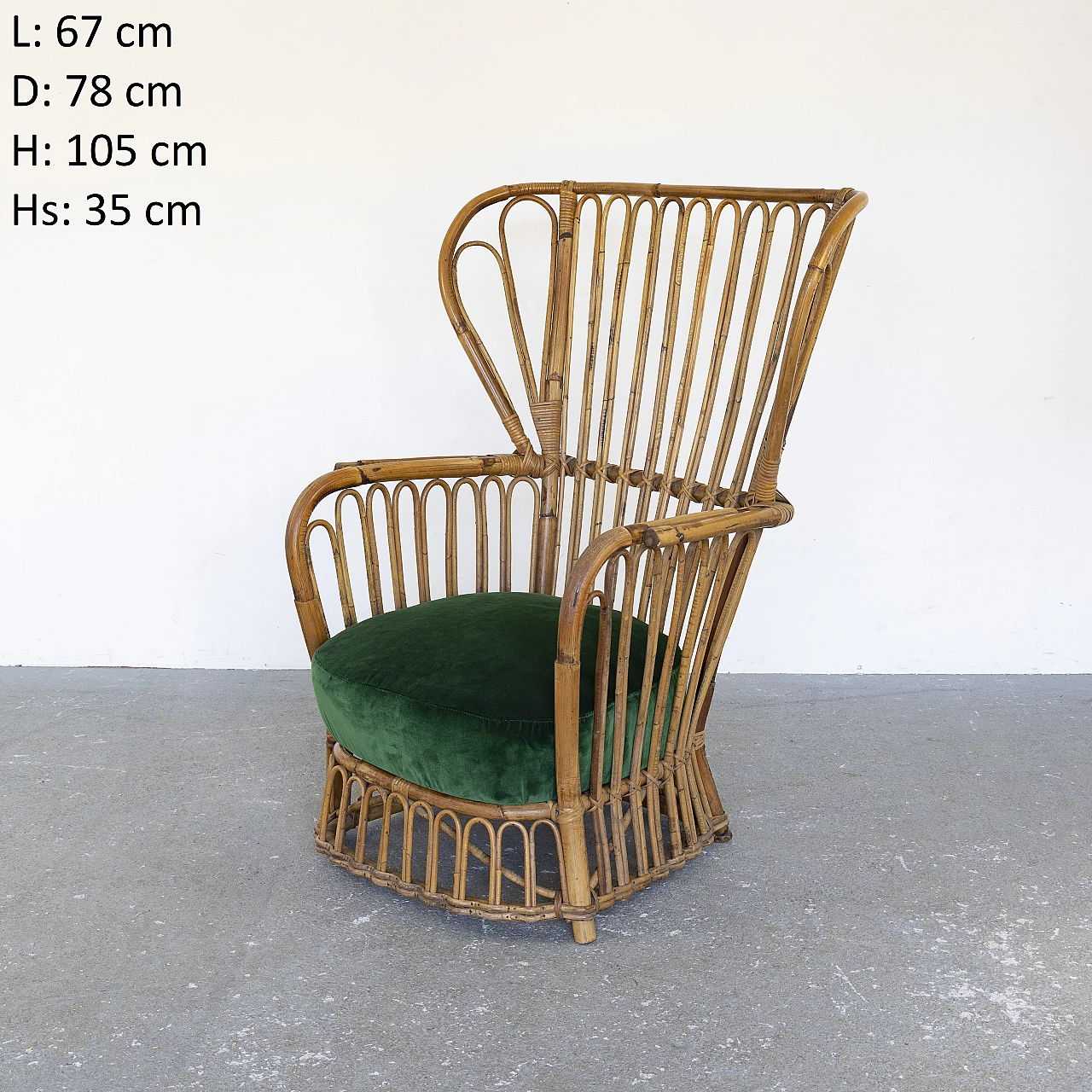 Bamboo armchair with green velvet seat, 1960s 11