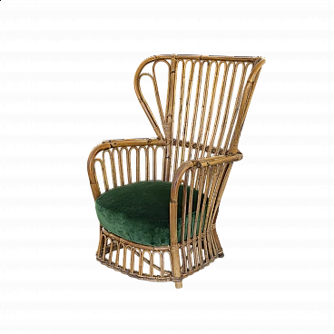 Bamboo armchair with green velvet seat, 1960s