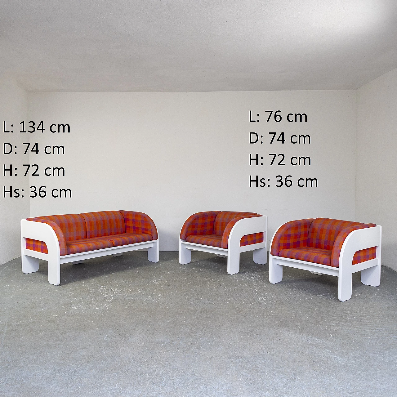 Sofa and pair of armchairs in lacquered wood, 1970s 5