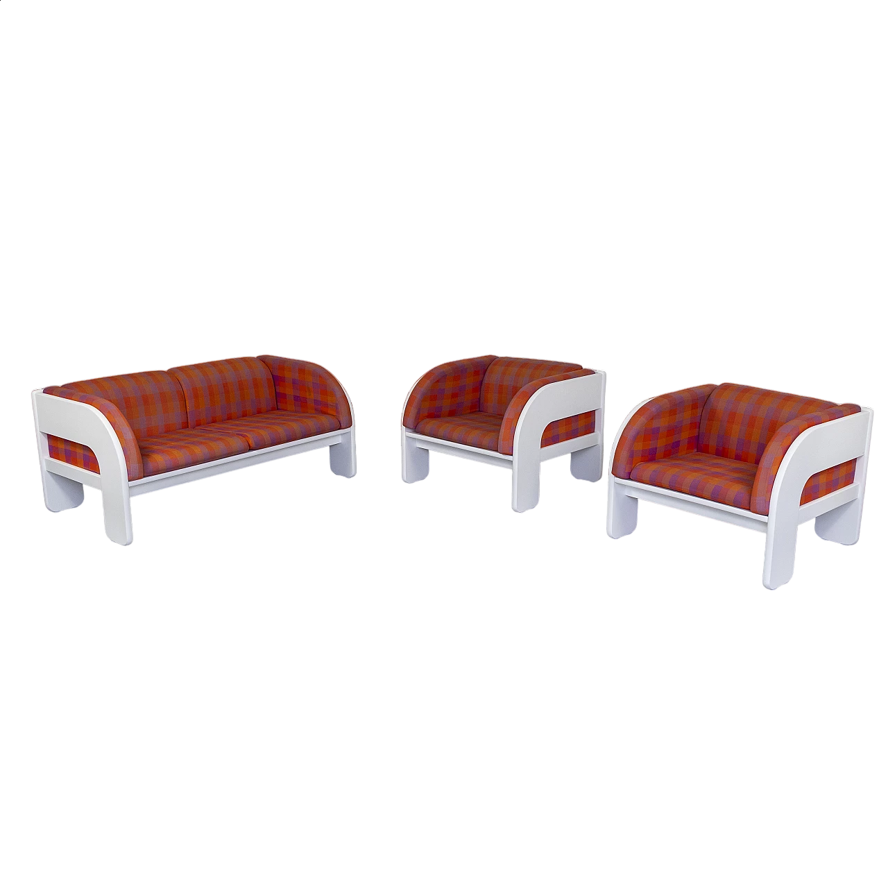 Sofa and pair of armchairs in lacquered wood, 1970s 11