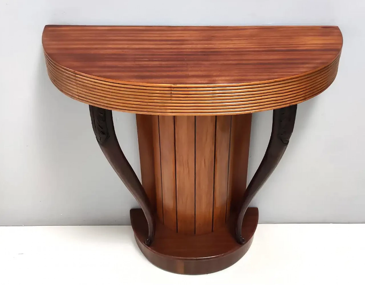 Demilune console table in beech and walnut by Osvaldo Borsani, 1940s 8
