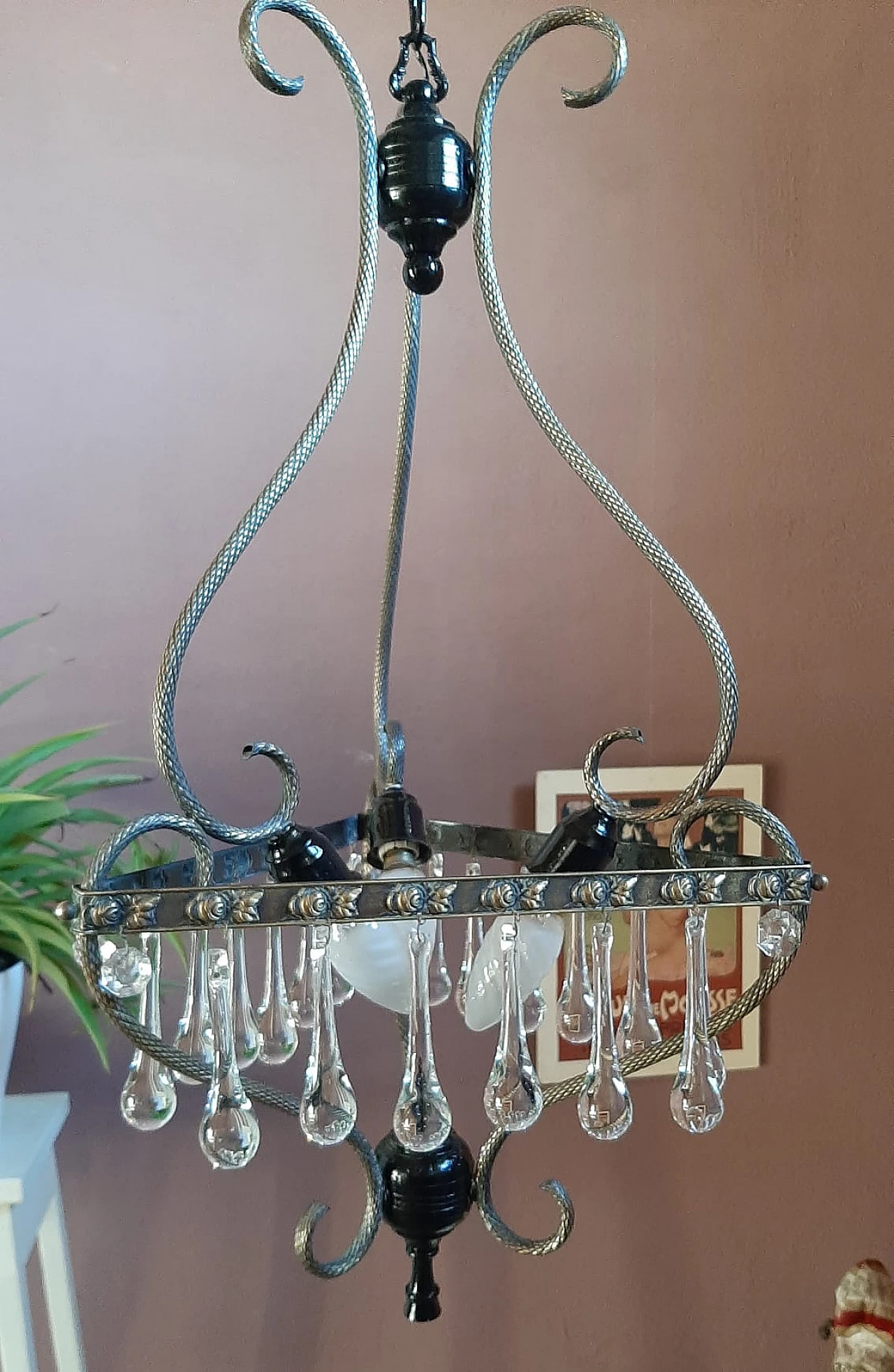 Lampadario a tre luci con gocce allungate, anni '50 1