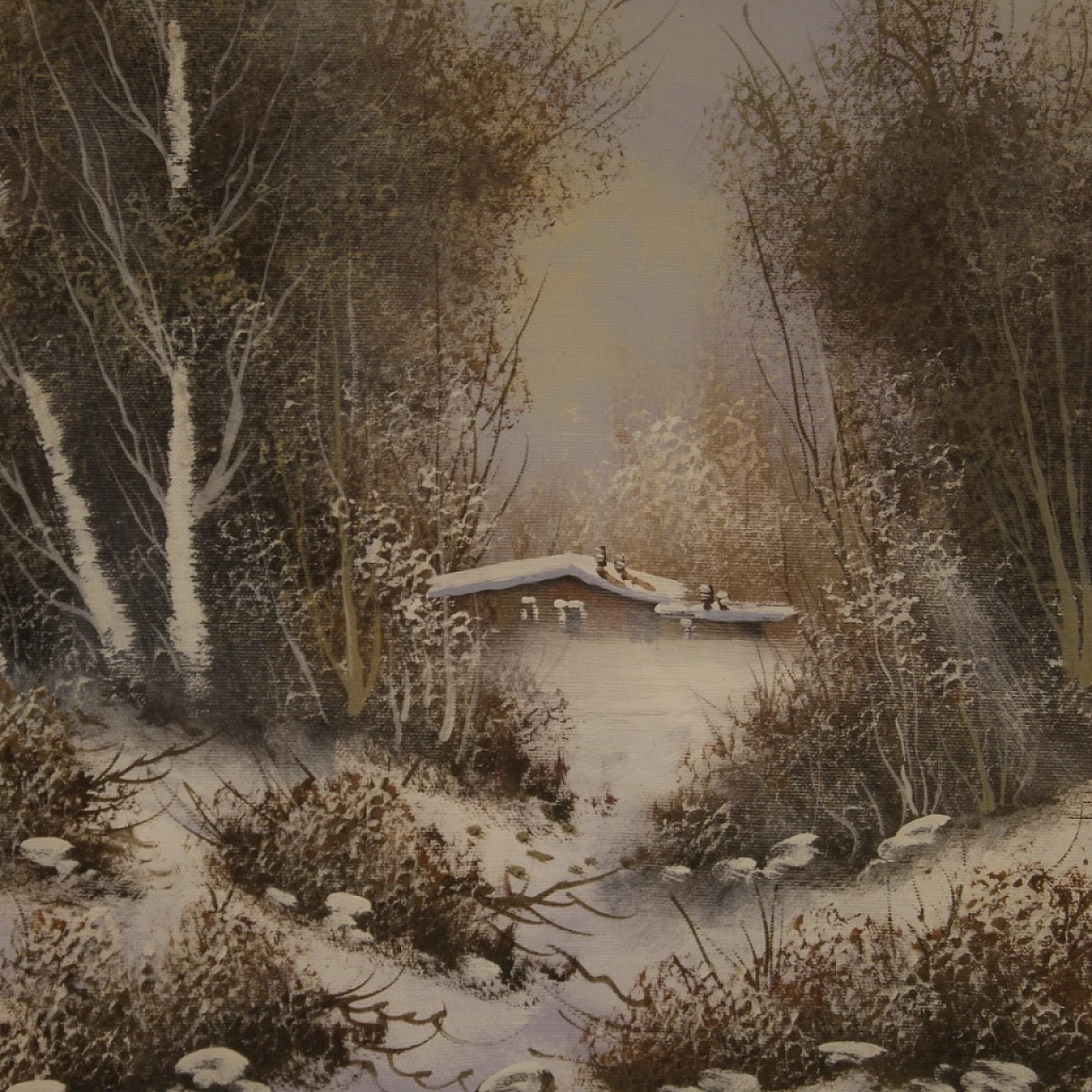 Dipinto italiano di paesaggio invernale, olio su tela, anni '60 13