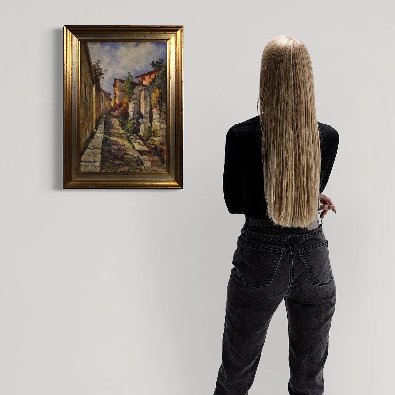 Scorcio di strada di paese, dipinto a olio su cartoncino 2