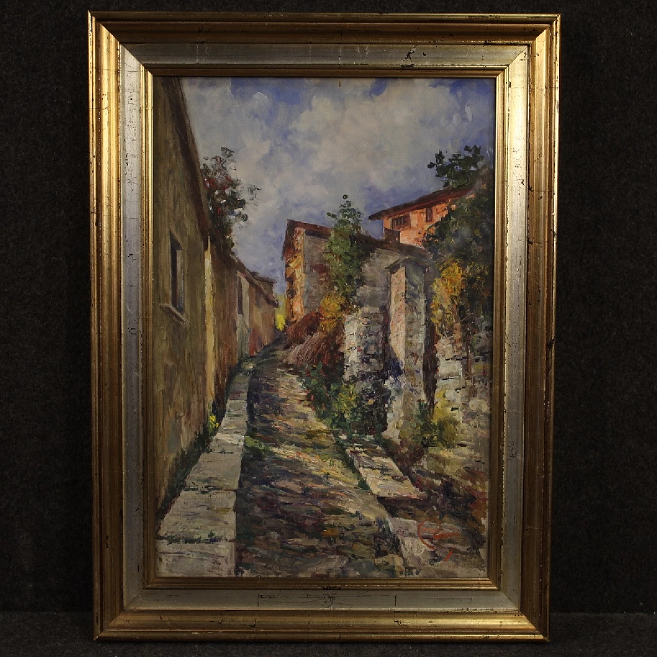 Scorcio di strada di paese, dipinto a olio su cartoncino 5
