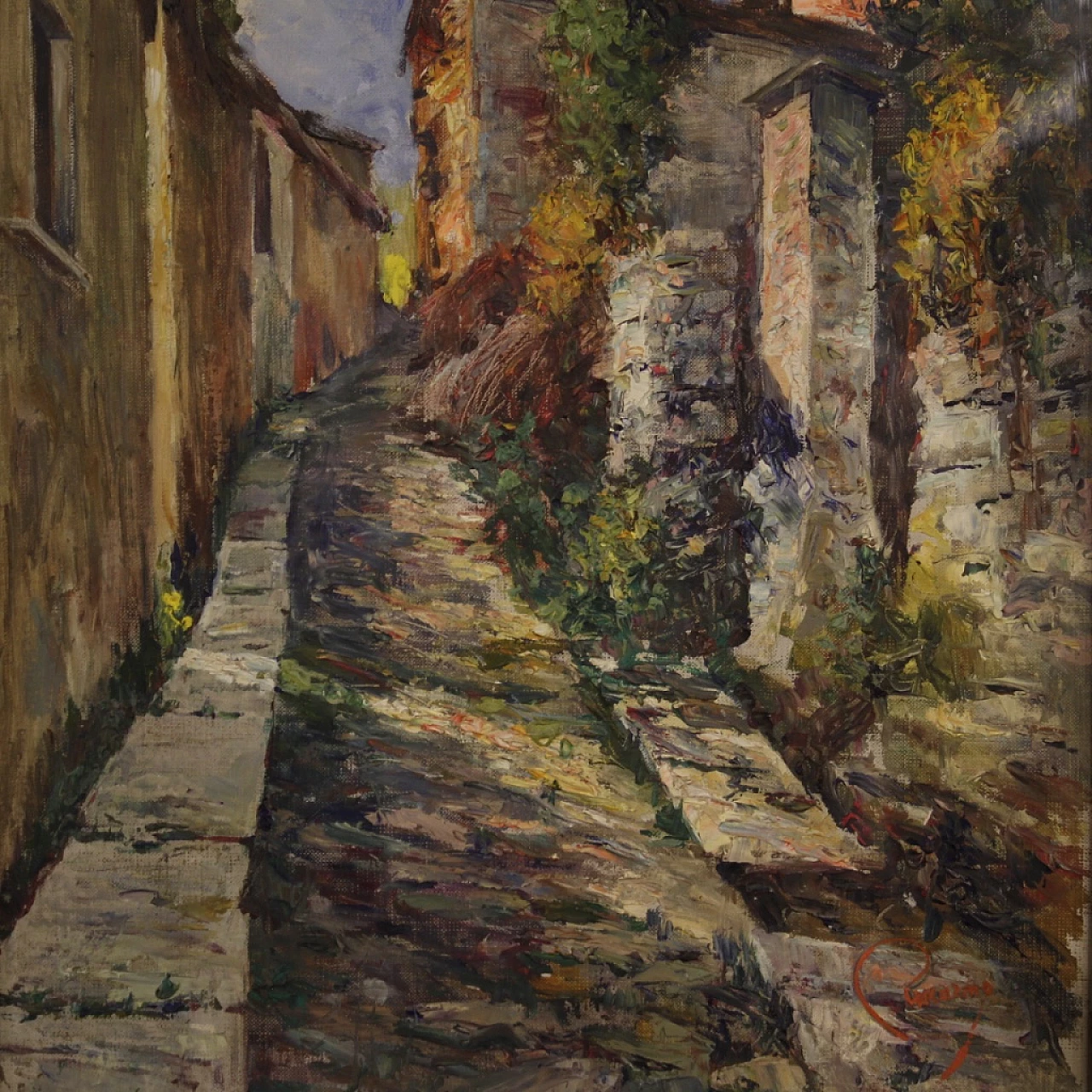 Scorcio di strada di paese, dipinto a olio su cartoncino 6
