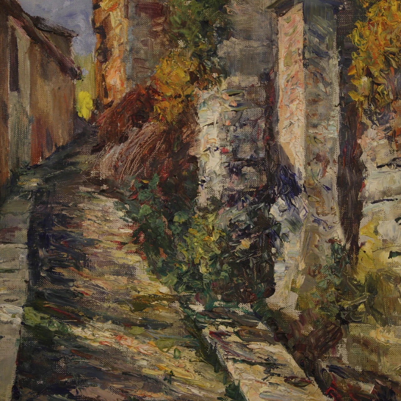 Scorcio di strada di paese, dipinto a olio su cartoncino 7