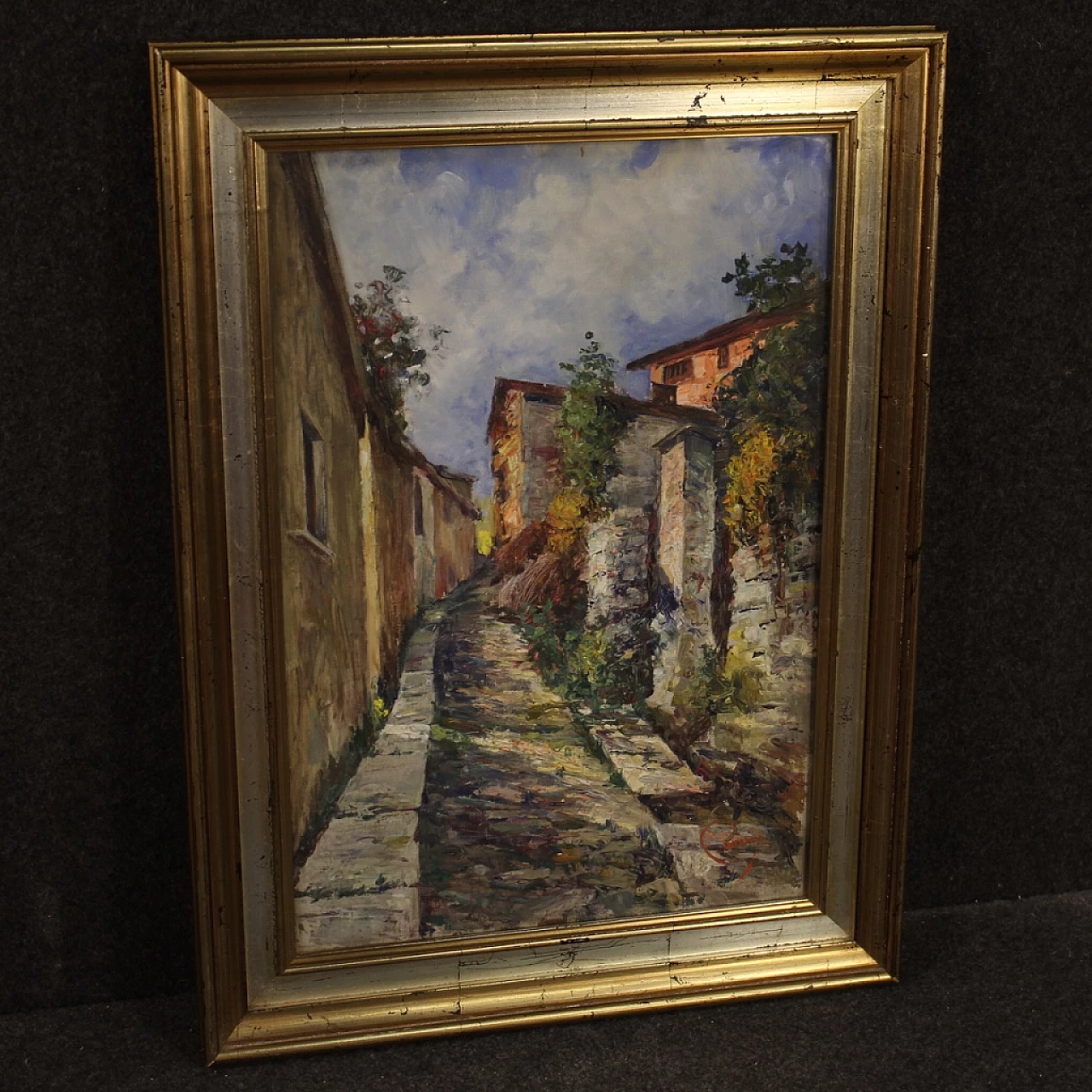 Scorcio di strada di paese, dipinto a olio su cartoncino 10