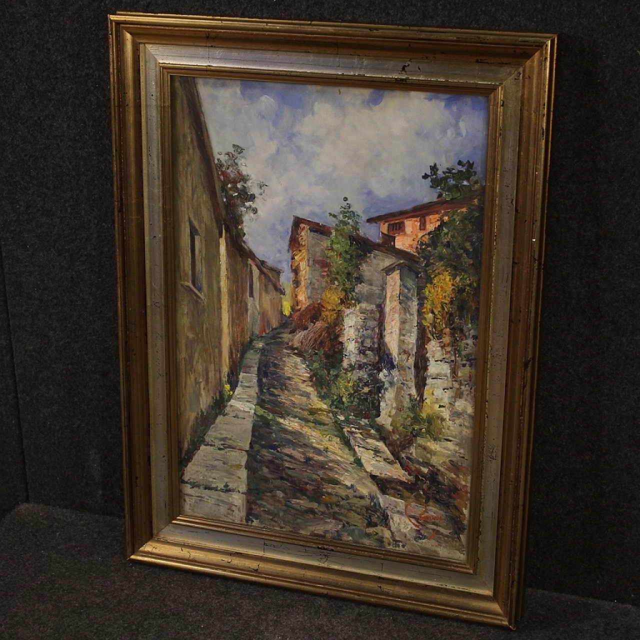 Scorcio di strada di paese, dipinto a olio su cartoncino 12