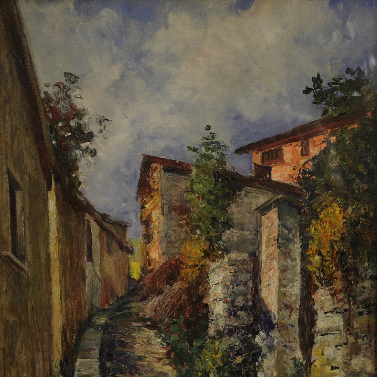 Scorcio di strada di paese, dipinto a olio su cartoncino 13