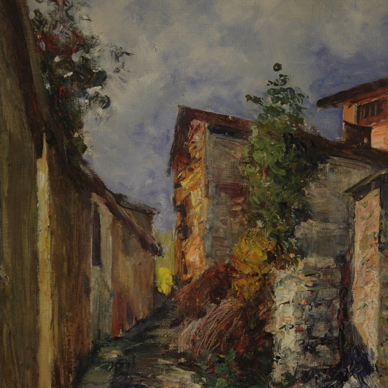 Scorcio di strada di paese, dipinto a olio su cartoncino 14