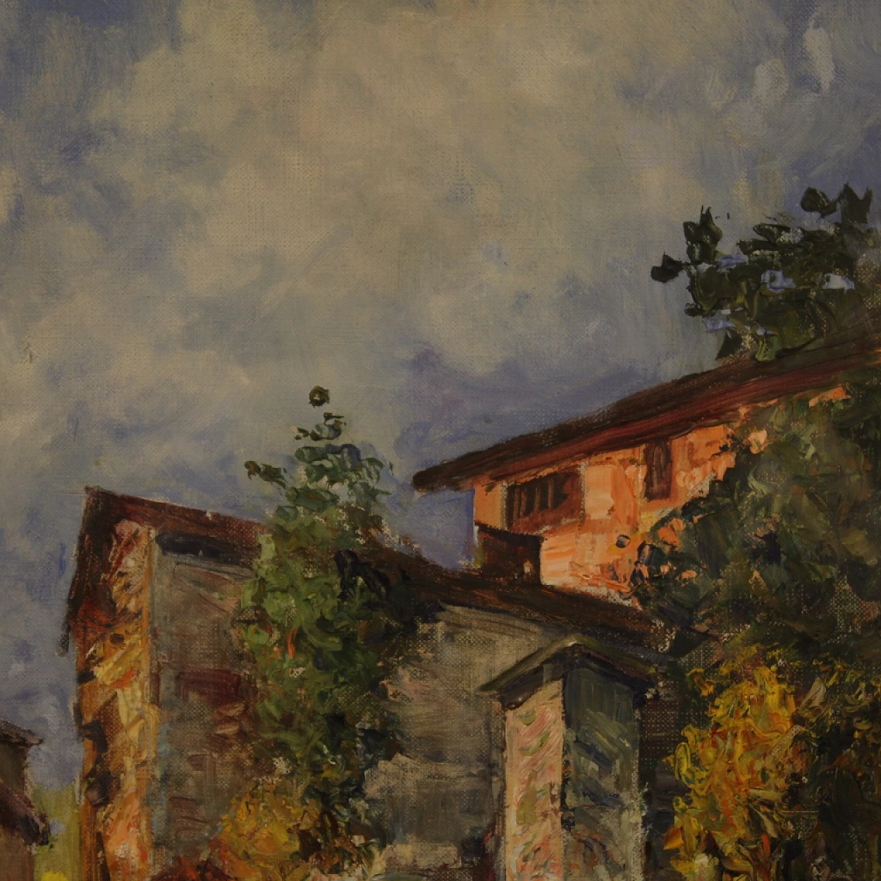 Scorcio di strada di paese, dipinto a olio su cartoncino 15