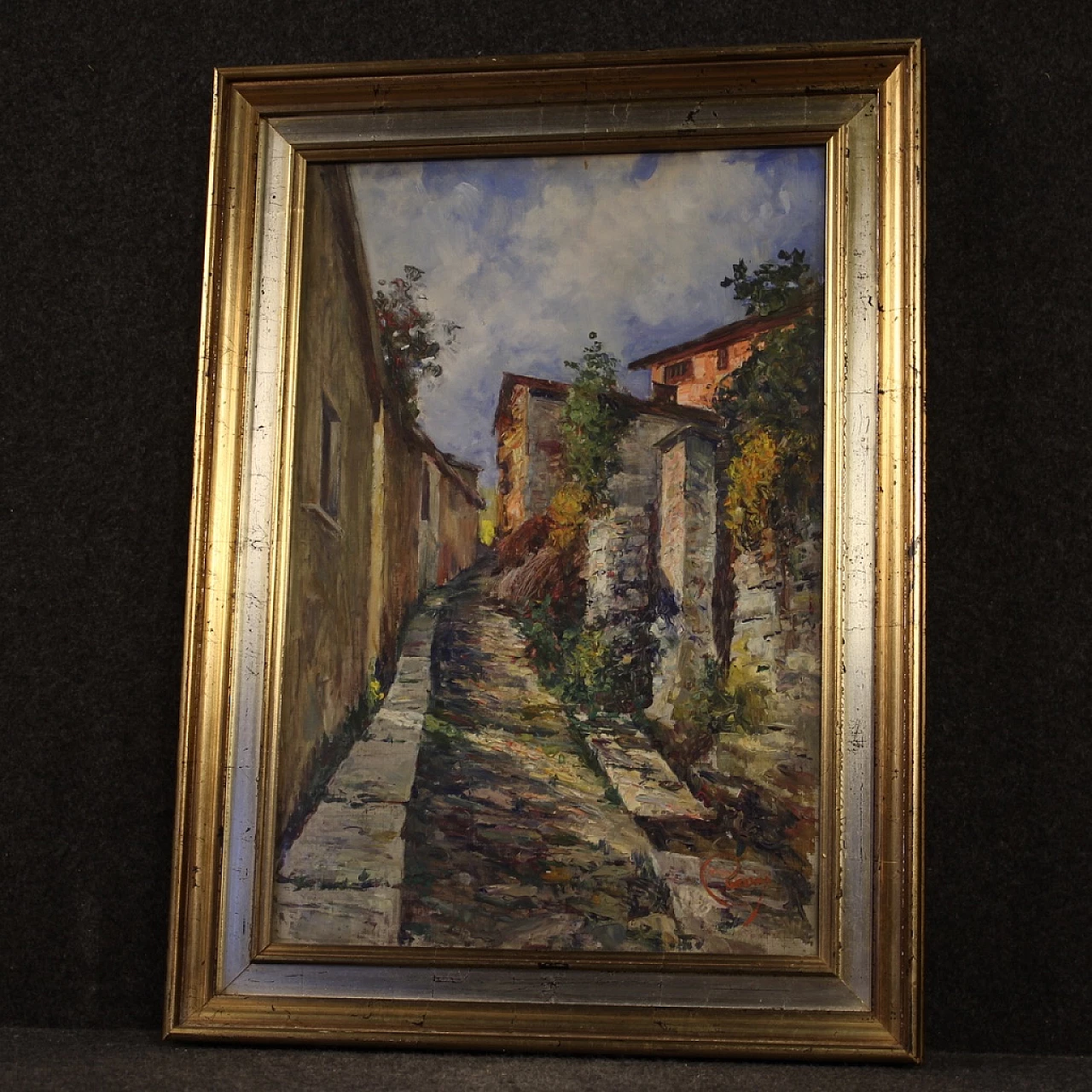 Scorcio di strada di paese, dipinto a olio su cartoncino 16