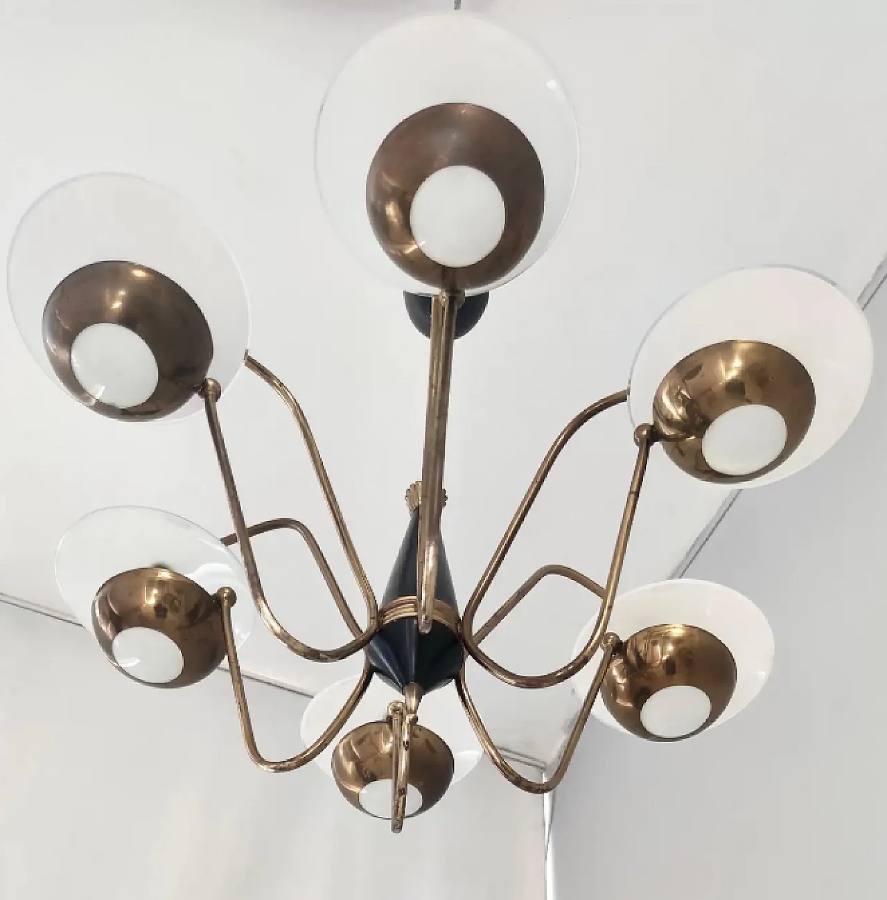 Six-arm brass and glass chandelier by Stilnovo, 1950s 4
