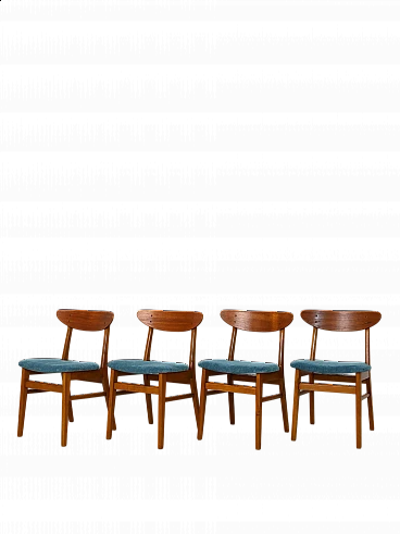 4 Sedie danesi in teak con seduta imbottita e foderata in tessuto blu, anni '60