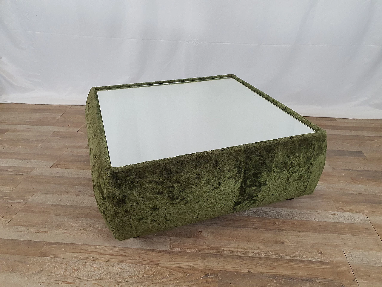 Green chenille coffee table with mirror top, 1970s 1
