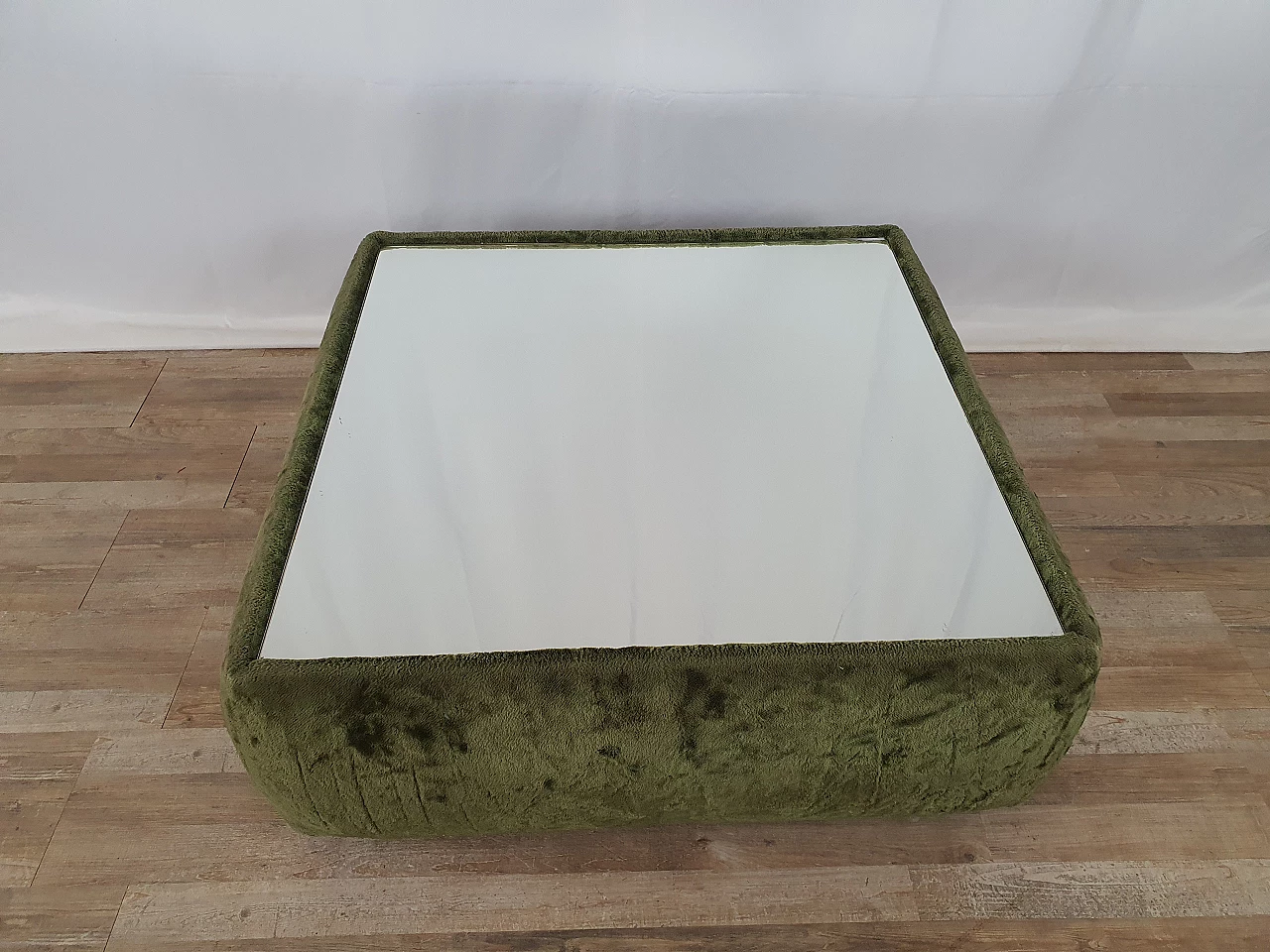 Green chenille coffee table with mirror top, 1970s 6