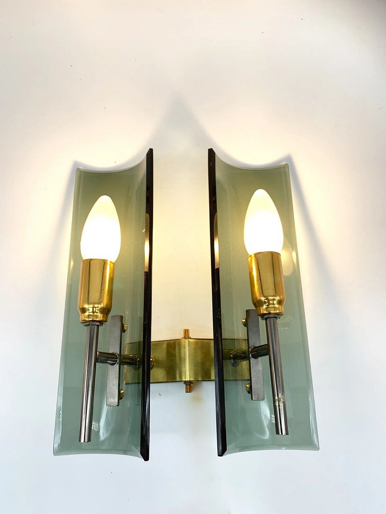 Pair of double sconces made of iron, brass and glass by Veca, late 20th century 2