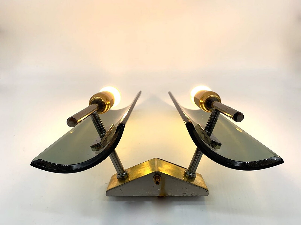 Pair of double sconces made of iron, brass and glass by Veca, late 20th century 3