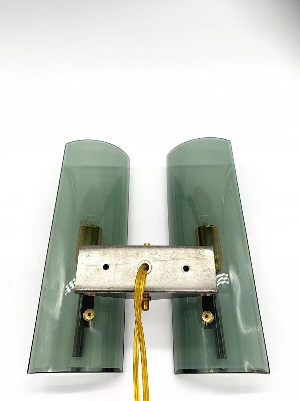 Pair of double sconces made of iron, brass and glass by Veca, late 20th century 4