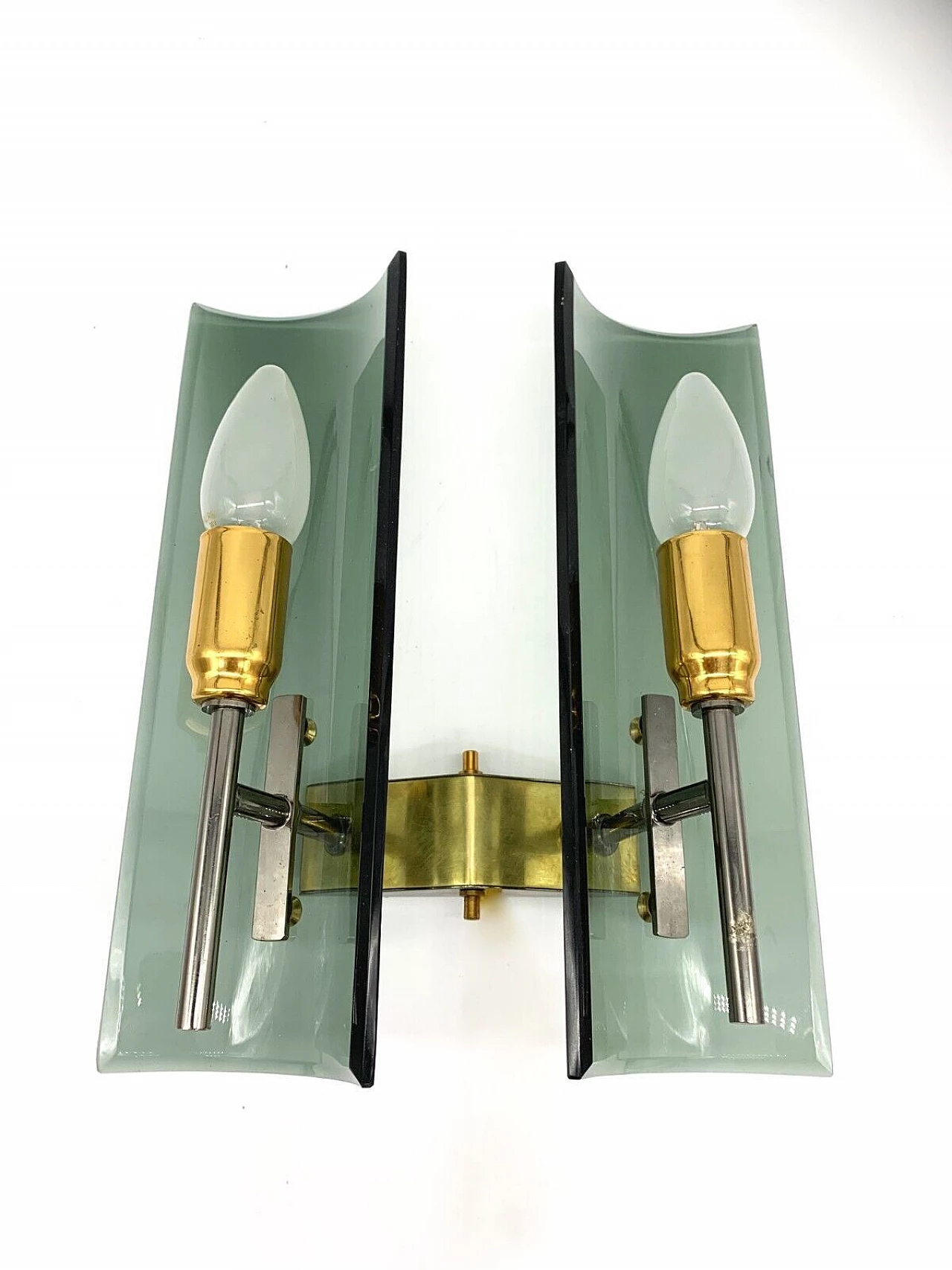 Pair of double sconces made of iron, brass and glass by Veca, late 20th century 5