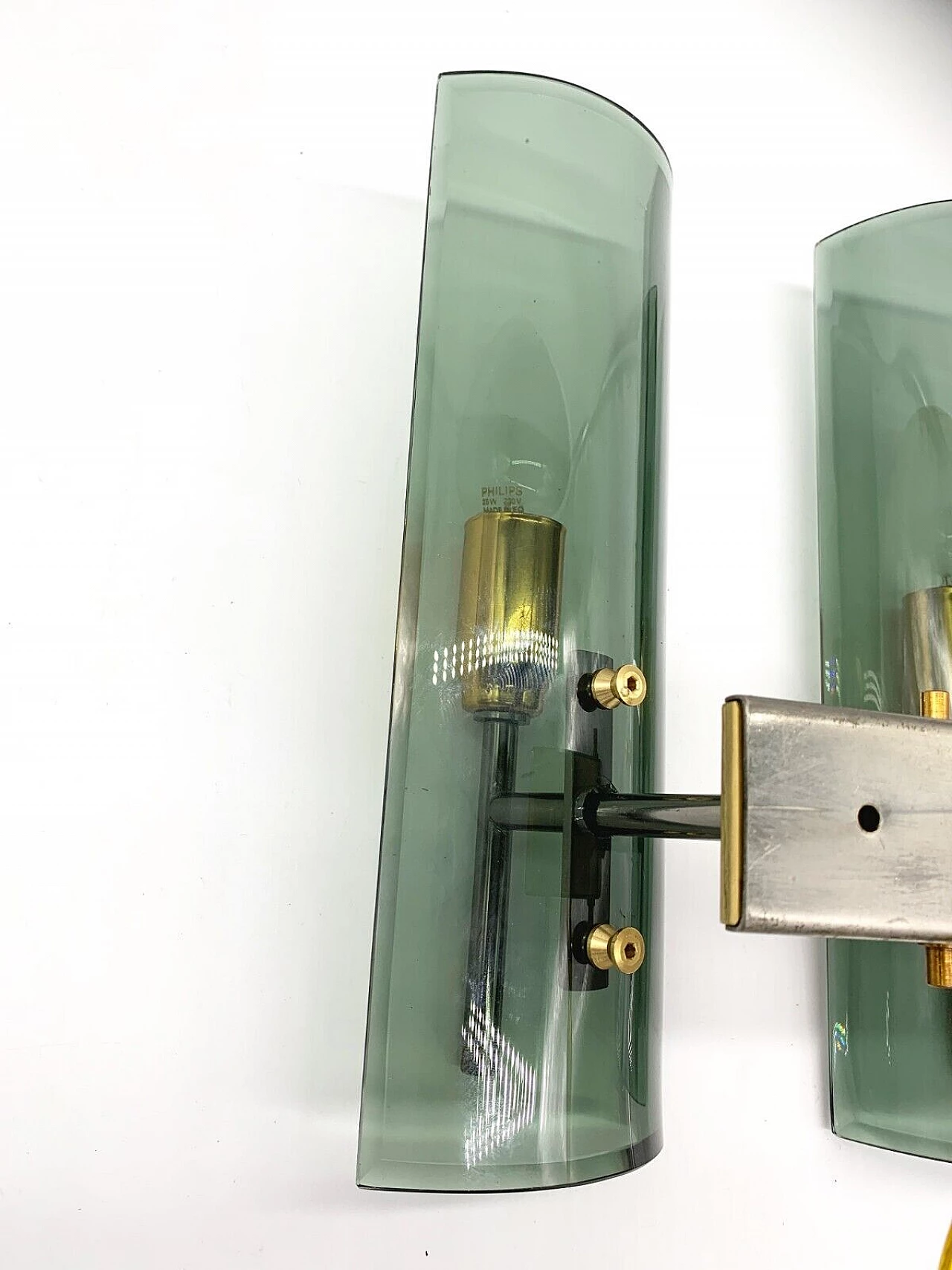 Pair of double sconces made of iron, brass and glass by Veca, late 20th century 6