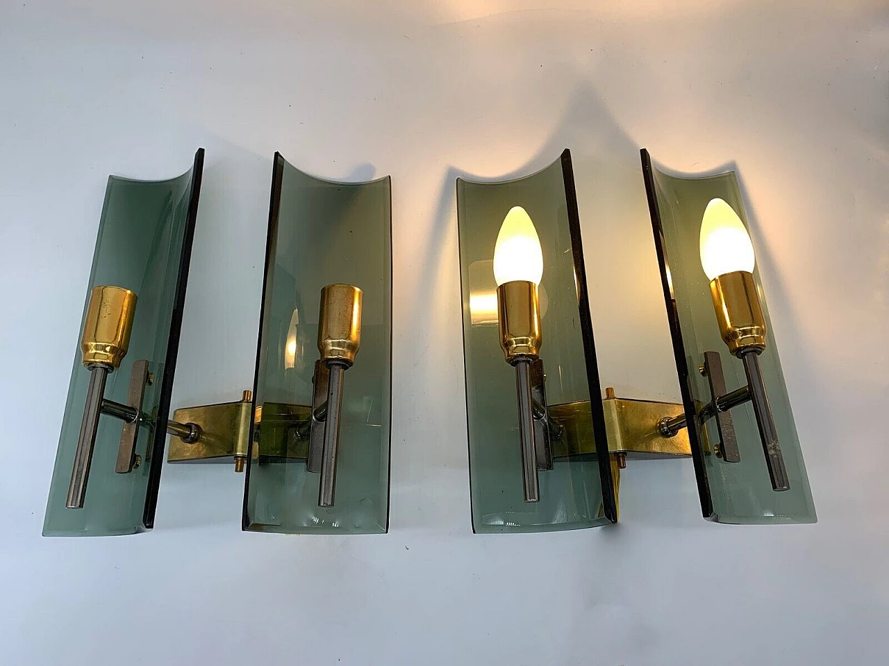 Pair of double sconces made of iron, brass and glass by Veca, late 20th century 7