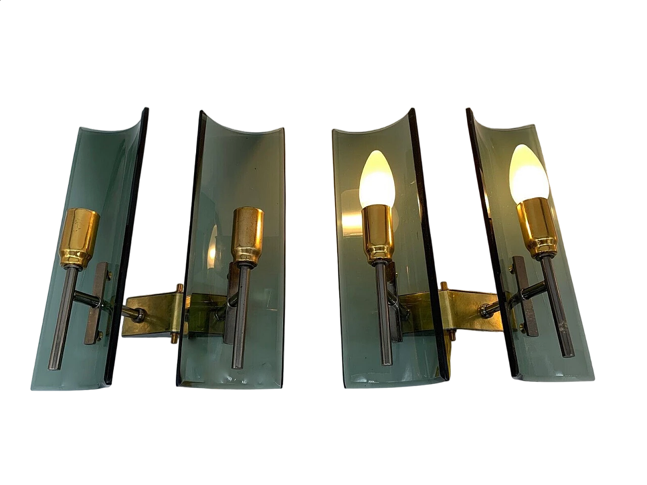 Pair of double sconces made of iron, brass and glass by Veca, late 20th century 8