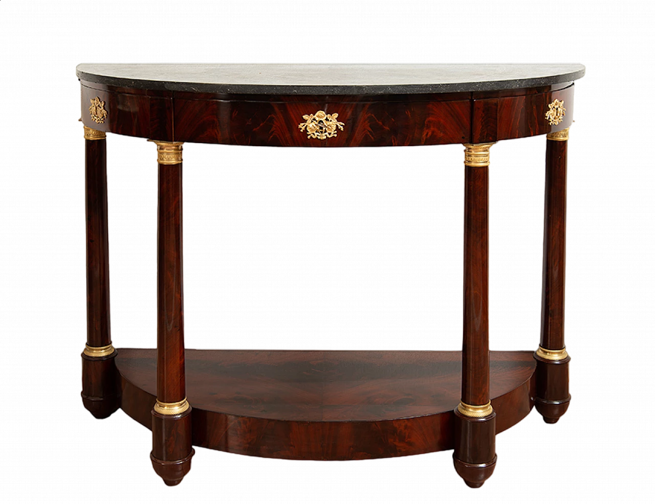 Mahogany feather Demi Lune console table with black Belgian marble top, 19th century 6