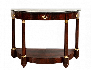 Mahogany feather Demi Lune console table with black Belgian marble top, 19th century