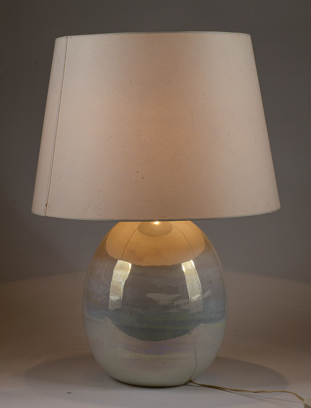White iridescent glazed pearl ceramic table lamp, 1980s 2