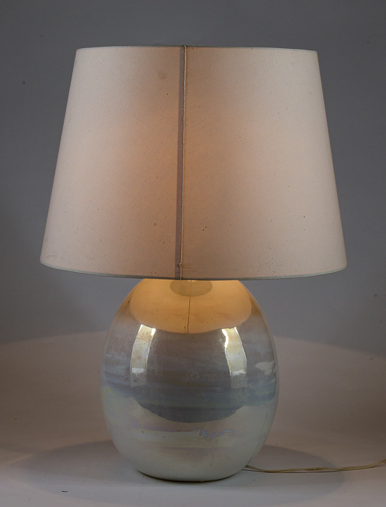 White iridescent glazed pearl ceramic table lamp, 1980s 3