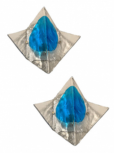 Coppia di applique in vetro trasparente e blu di Mazzega, anni '70