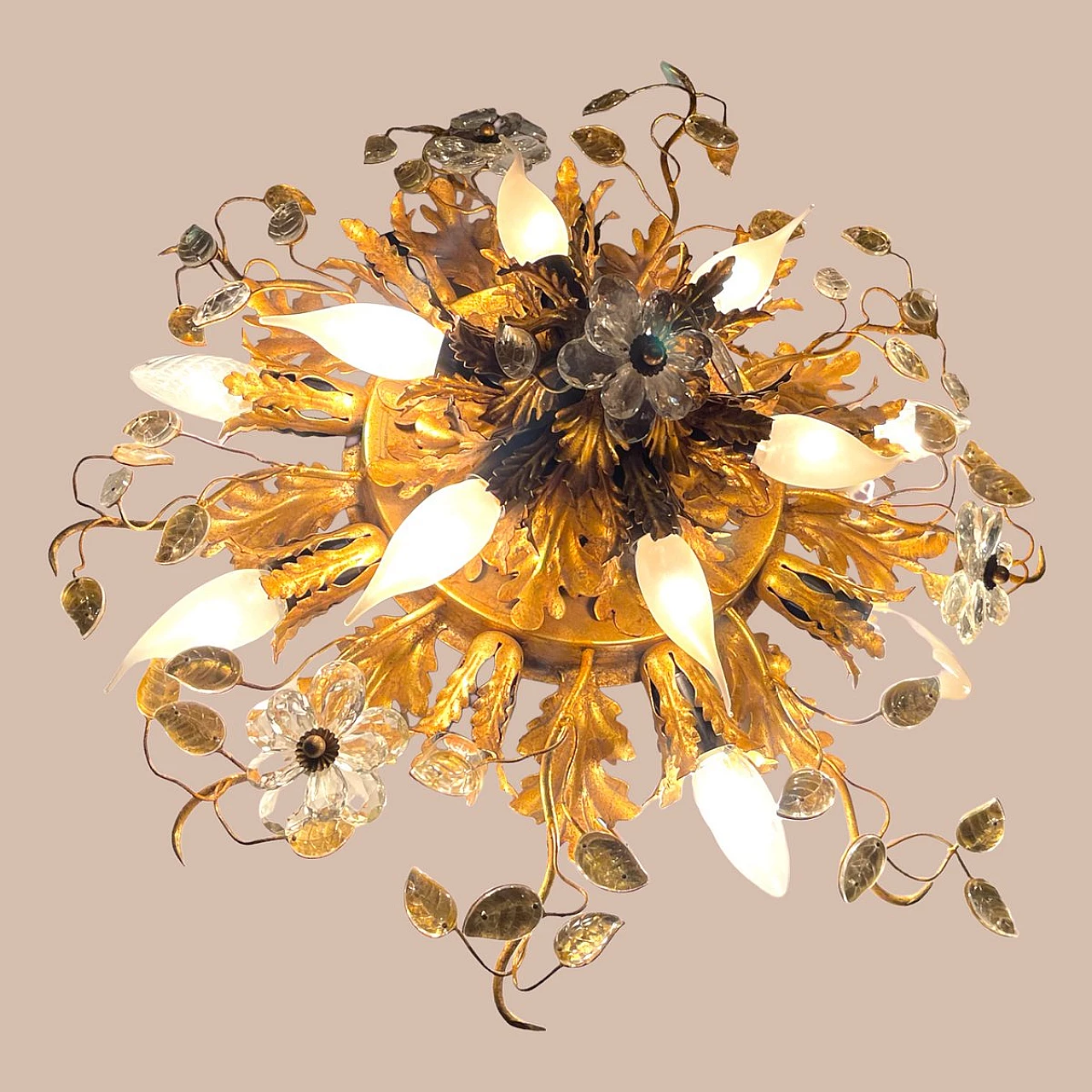 Gilded tôle and Murano glass ceiling lamp, 1960s 8