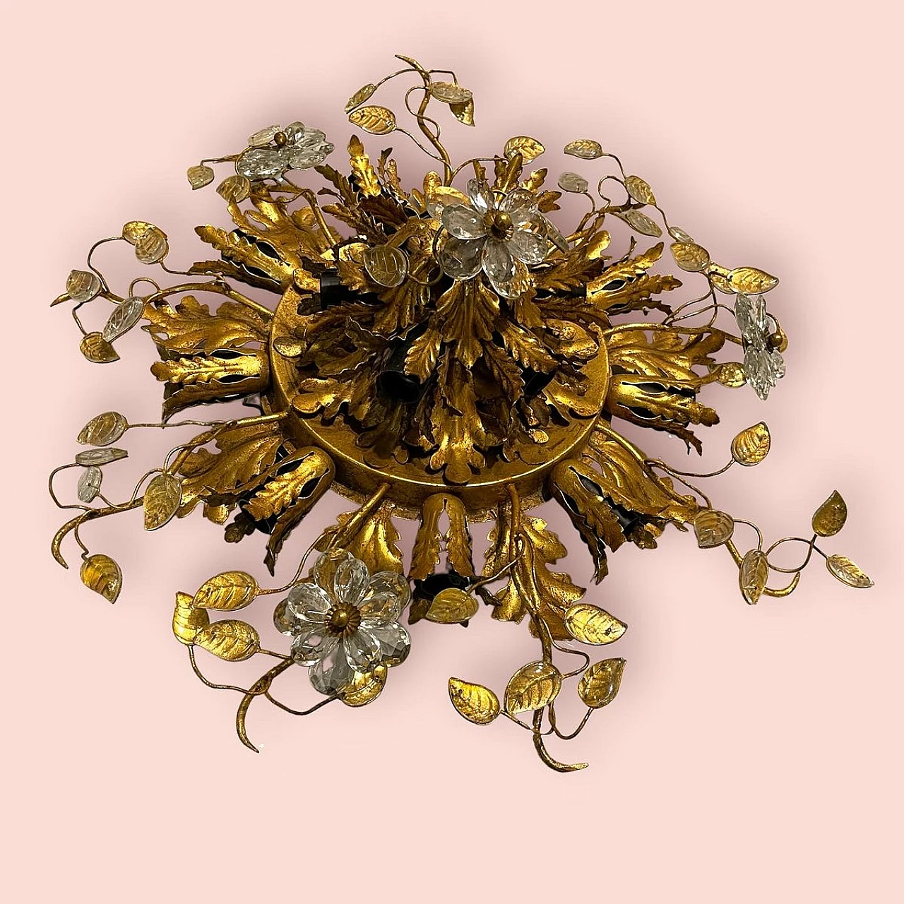 Gilded tôle and Murano glass ceiling lamp, 1960s 10